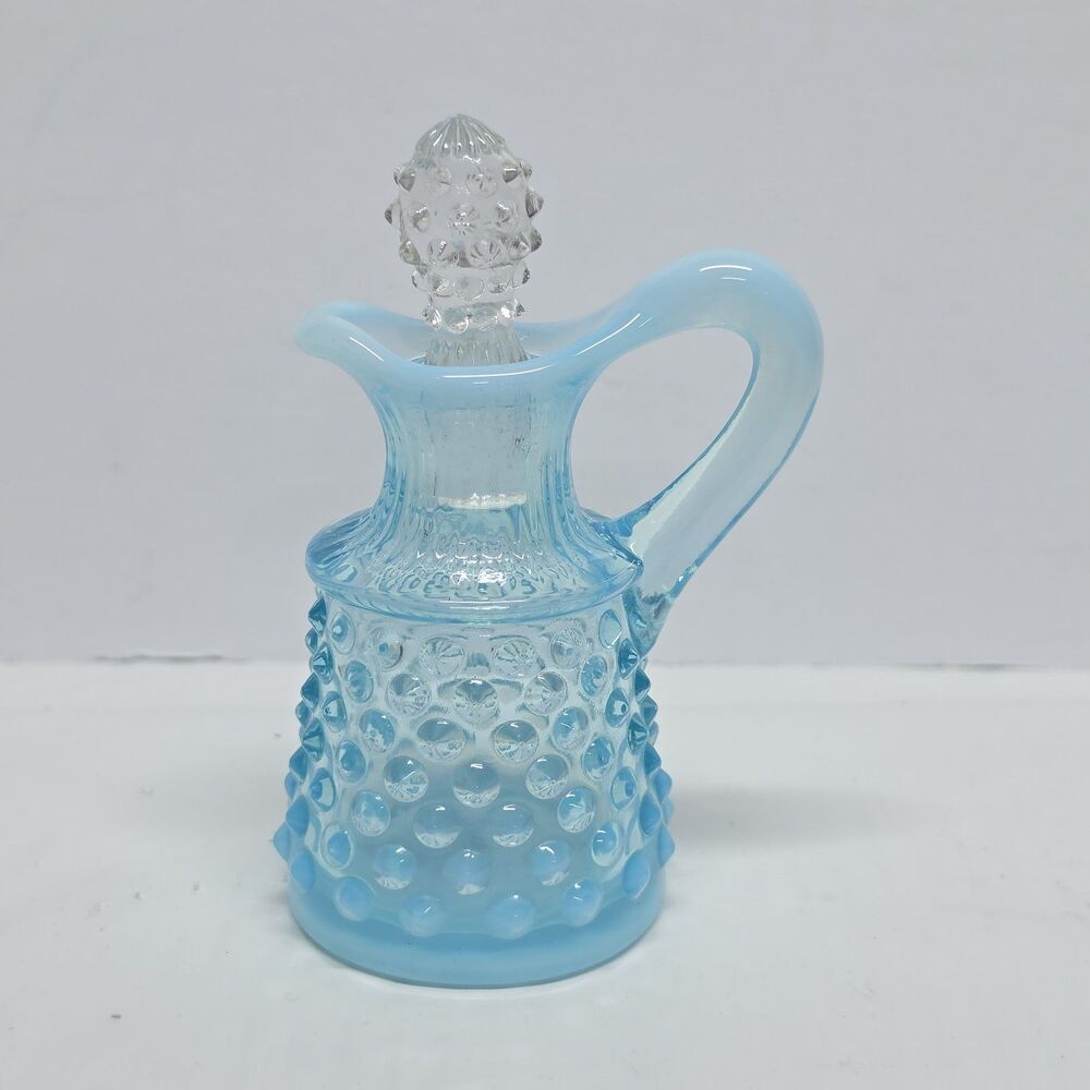 Vintage Fenton Art Glass Blue Opalescent Hobnail Cruet Bottle With Stopper